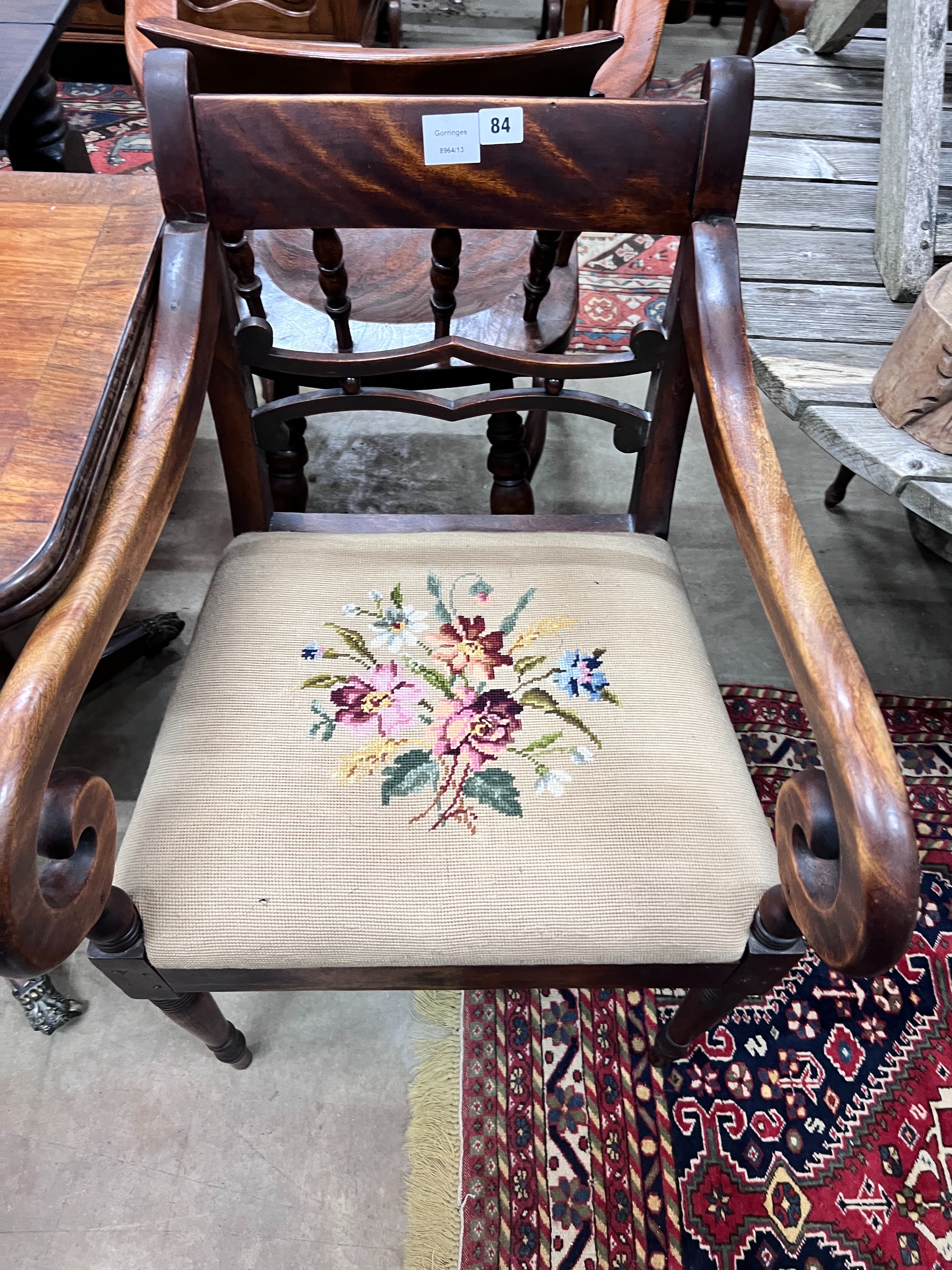 A Regency mahogany provincial elbow chair, a pair of George III mahogany dining chairs and one other *Please note the sale commences at 9am.